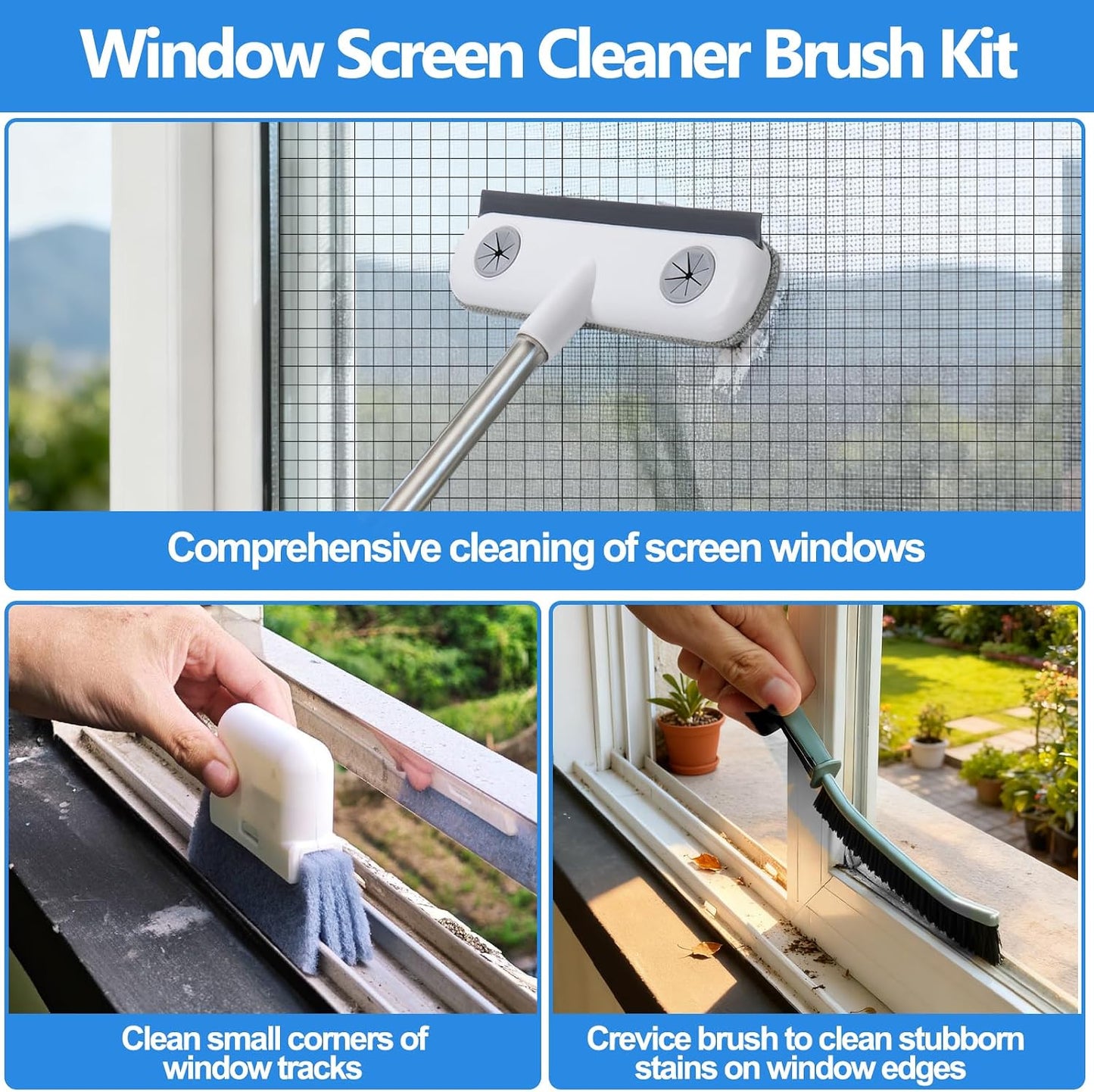 XANGNIER Window Screen Cleaner & Track Cleaning Kit-Mesh Screen Cleaner Brush with Extension Pole,Window Sill and Track Cleaner Tool Washing Equipment,28″Detachable Long-Reach Handle,Wet&Dry Dual-Use