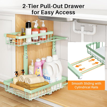 PXRACK Under Sink Organizer, Adjustable Height, 2 Tier Pull Out Under Cabinet Organizer, Slide Out Thickened Metal Under Sink Storage for Kitchen Bathroom Laundry Pantry Cabinet, White, Large-1-Pack