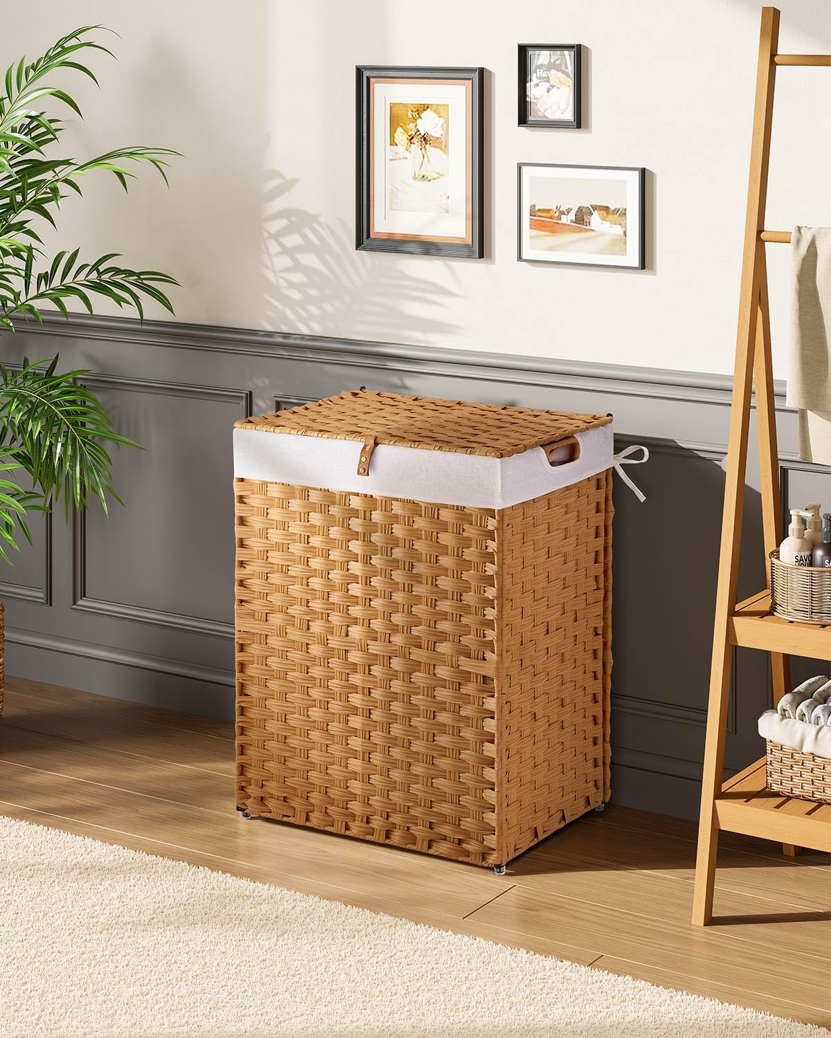 Greenstell Laundry Hamper with 2 Removable Liner Bags, Foldable Divided Clothes Hamper, 90L Handwoven Rattan Laundry Basket with Lid and Handles, No Assembly Needed, 18.3x13.3x24 Inches, Black
