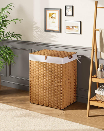 Greenstell Laundry Hamper with 2 Removable Liner Bags, Foldable Divided Clothes Hamper, 90L Handwoven Rattan Laundry Basket with Lid and Handles, No Assembly Needed, 18.3x13.3x24 Inches, Black