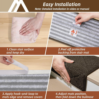 Self Adhesive Bullnose Carpet Stair Treads Non Slip,Grey,11"x30",3 Pack | Pet Friendly, Peel and Stick Stair Treads for Wooden Steps, Washable Stair Runner for Kids Elders, Edge Protection