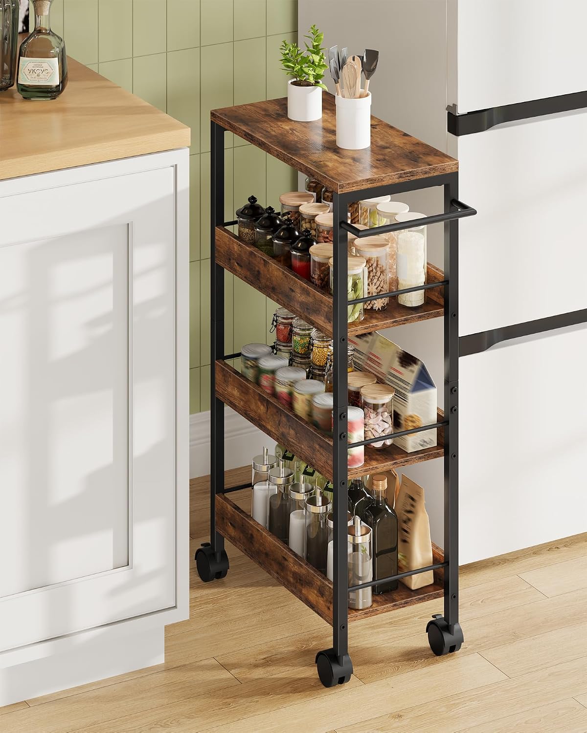 CHOEZON 4-Tier Slim Storage Cart, 5.1'' Kitchen Serving Trolley, Slim Rolling Cart with Handle and Guard Rails, Slim Cabinet for Small Spaces, for Dining Room, Rustic Brown and Black TTC01BF