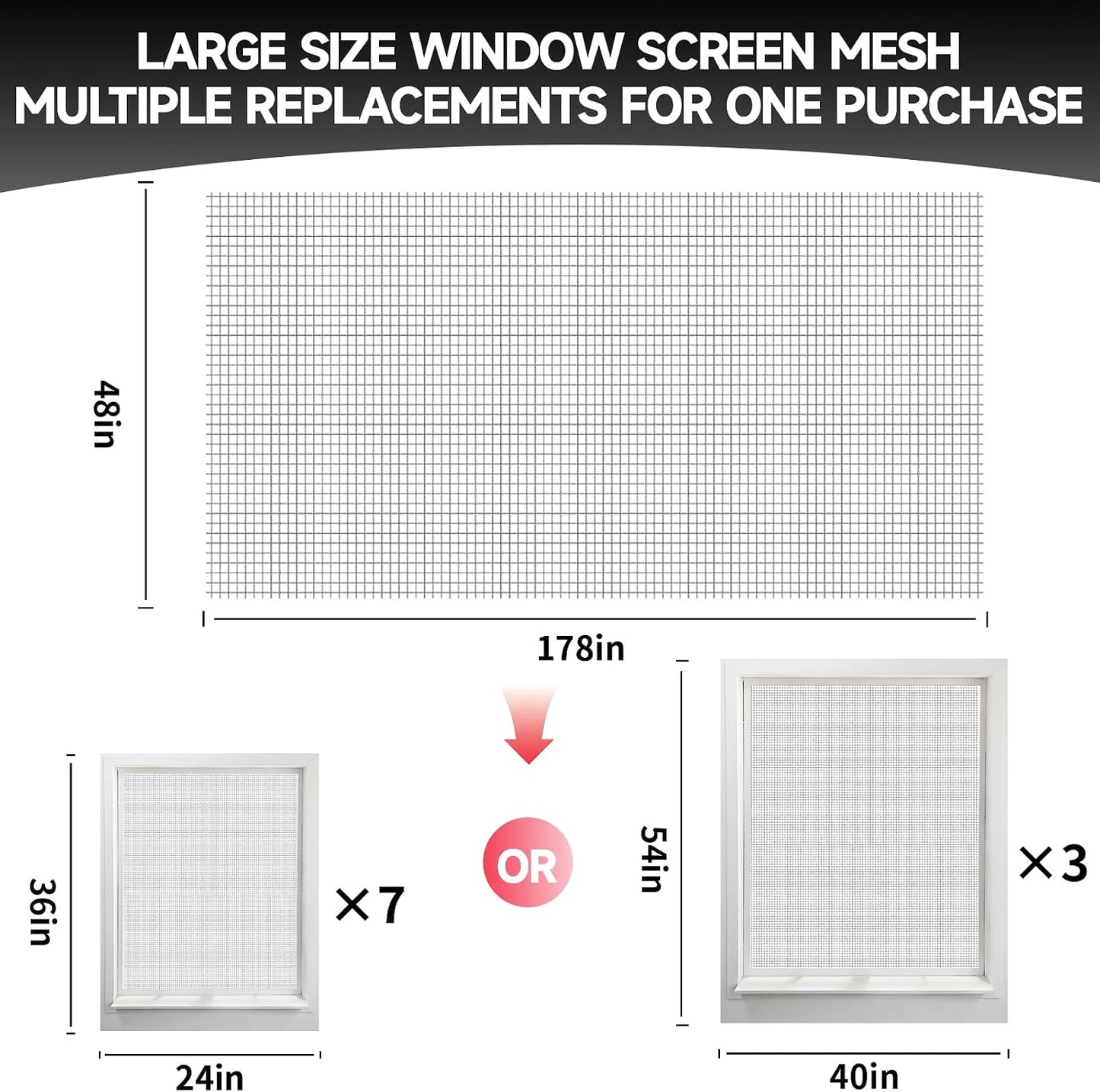 Window Screen Door Repair/Replacement Kit,48" x178" Adjustable Durable Fiberglass Window Screen Mesh,with Spline/Roller/Hook/Clips Screen Door Repair Kit,DIY Window,Porch Sliding Door(Black)