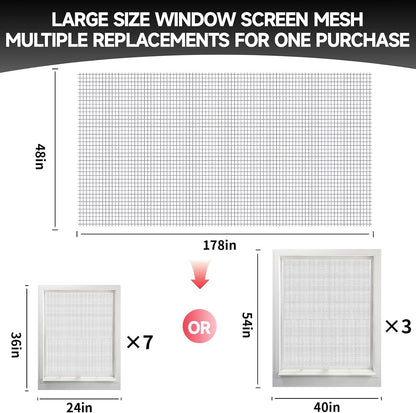Window Screen Door Repair/Replacement Kit,48" x178" Adjustable Durable Fiberglass Window Screen Mesh,with Spline/Roller/Hook/Clips Screen Door Repair Kit,DIY Window,Porch Sliding Door(Black)