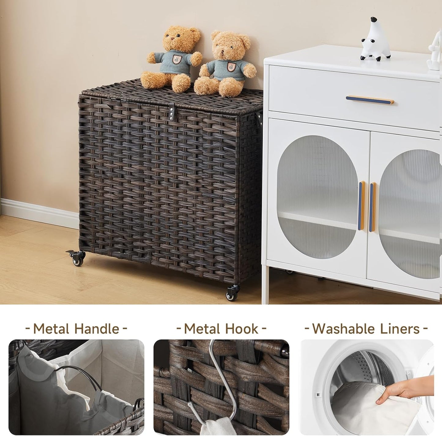 Laundry Hamper with Wheels, 52.8 Gallon(200L) Rolling Laundry Basket with Lid, Removable Large 3 Color Liners & 3 Mesh Laundry Bags, Clothes Hamper with Side Pocket, Natural