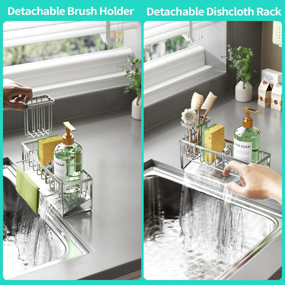 HapiRm Sponge Holder for Kitchen Sink - Self-draining Sink Caddy with Brush and Dishcloth Holders, Stainless Steel Kitchen Countertop Organizers and Storage Essentials - Black
