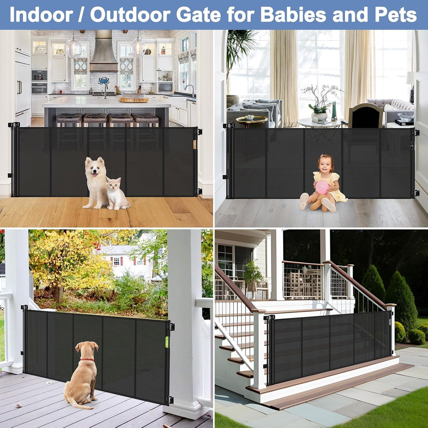 Reinforced Retractable Baby Gates with Support Beam 60" Wide Retractable Dog Gate Indoor Prevent Children and Dogs from Crawling Under Outdoor Dog Gate for Deck Mesh Gates for Kids or Pets, Black
