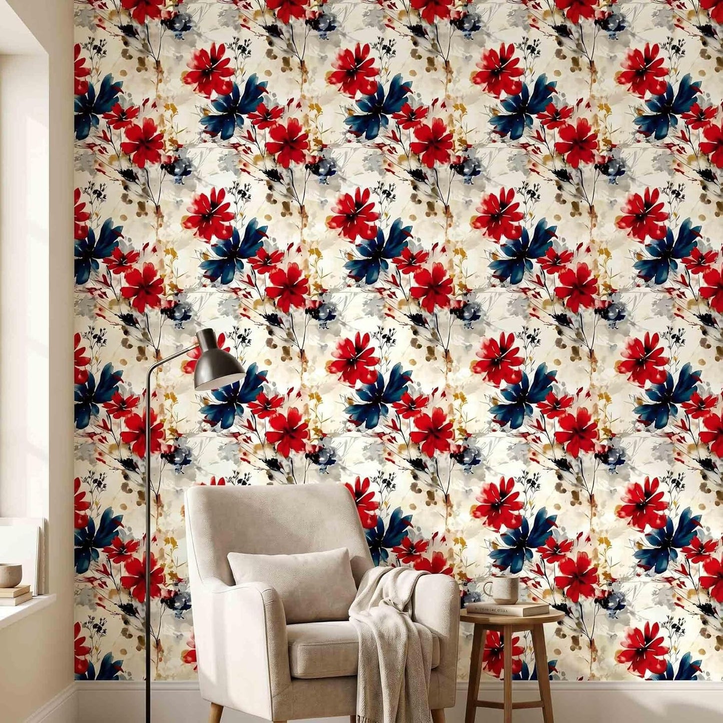Red Watercolor Floral Peel and Stick Wallpaper Removable Self Adhesive Floral Wall Covering for Living Room Bedroom Accent Wall 17.7 x 70.8 in