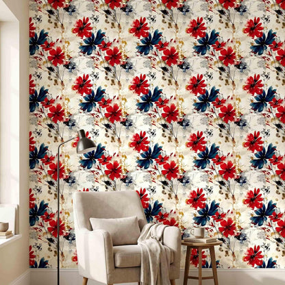 Red Watercolor Floral Peel and Stick Wallpaper Removable Self Adhesive Floral Wall Covering for Living Room Bedroom Accent Wall 17.7 x 70.8 in