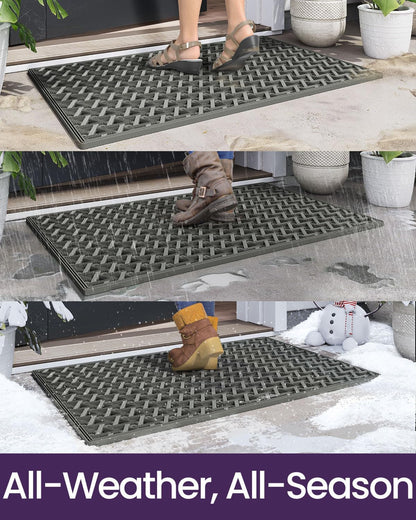 DEXI Front Door Mat Outside Entrance Rubber 19x30, Welcome Floor Doormat Heavy Duty Non Slip, Dirt Trapper Waterproof Exterior Entry Mats All Weather for Patio Entryway Drainage, Black