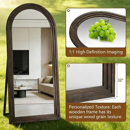 Full Length Mirror with Solid Wood Frame & Stand, 71"x32" Oversized Arched Floor Mirror, Charred Wood Finish Wall Mounted or Leaning Mirror for Bedroom Living Room, Burnt Brown
