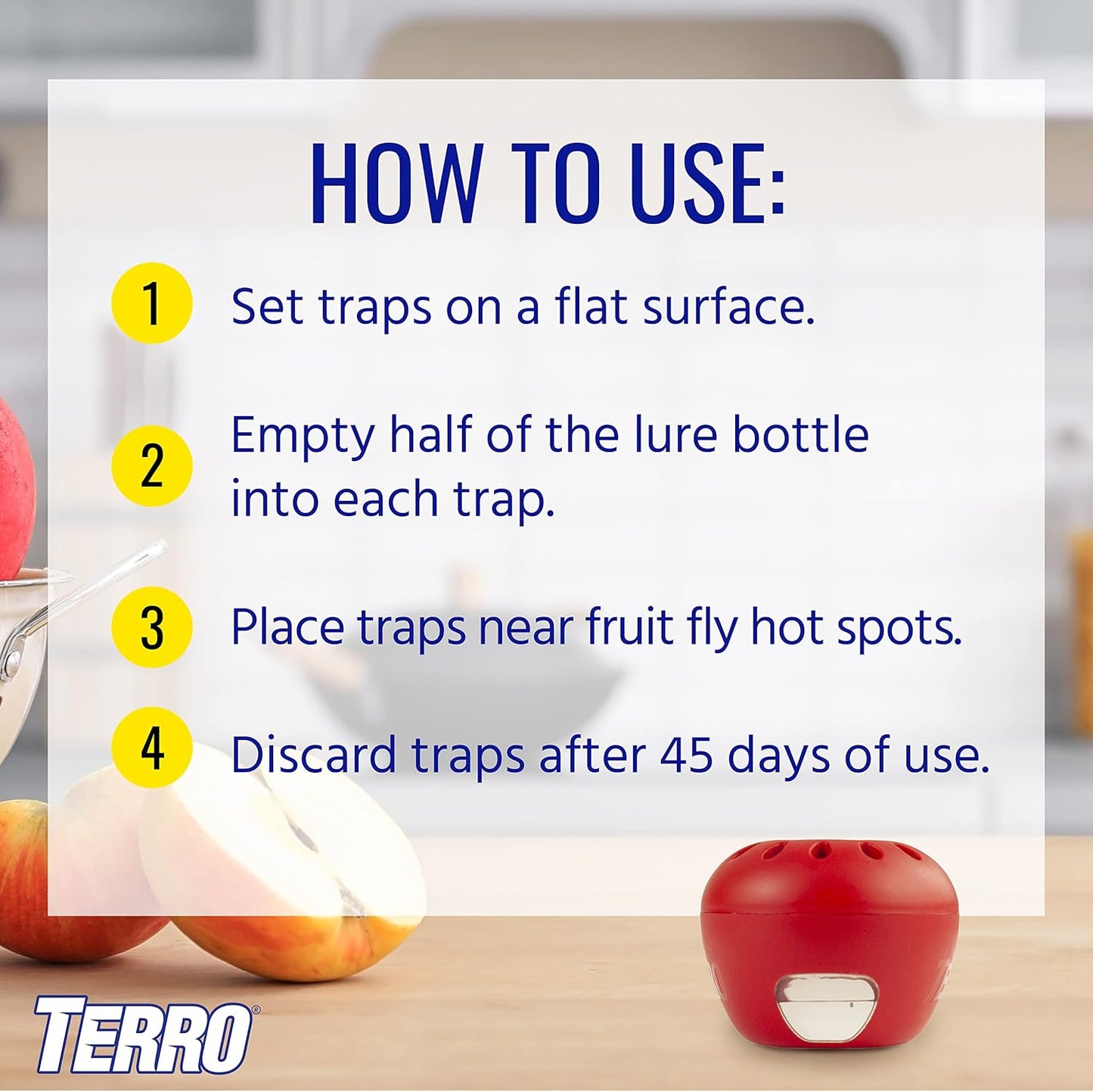 TERRO Fruit Fly Trap 4-Pack, 180 Day Lure Supply, Food-Based Lure | Apple-Shaped Design for Kitchen Counters, Fruit Bowls, Trash Cans, Food-Based Lure, Indoor Pest Control, Fruit Fly Killer