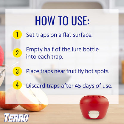TERRO Fruit Fly Trap 4-Pack, 180 Day Lure Supply, Food-Based Lure | Apple-Shaped Design for Kitchen Counters, Fruit Bowls, Trash Cans, Food-Based Lure, Indoor Pest Control, Fruit Fly Killer