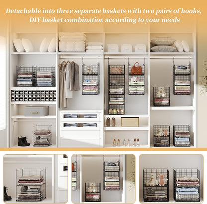 Yuyetuyo 5 Tier Closet Hanging Organizer and Storage Separable Hanging Closet Shelves with 4 Hooks 2 Adjustable Dividers, Wire Storage Basket Bins for Clothing Sweaters Socks Dolls Handbags, Foldable