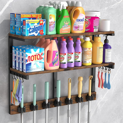 Housolution Broom Holder Wall Mount with Cleaning Supplies Organizer, 100 LBS High Load-Bearing Laundry Room Storage Shelves, Multifunctional Mop Hanger Rack with 7 Grippers & 8 Hooks