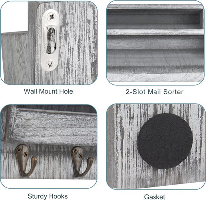 BTY Mail Sorter Wall Mounted, Wooden Mail Holder with 4 Key Hooks, 2 Slot Letter Bills Newspaper Magazine Organizer for Entryroom Hallway Office Garage, Gray White