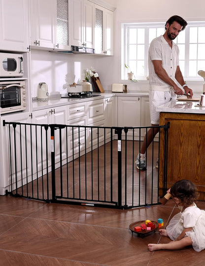 Babelio 104" Extra Wide Baby Gate, 30” Tall Auto Close Dog Fence for Stairs Doorways Fireplace, Hardware Mounted Pet Gate Indoor, Foldable 5 Metal Panels, AdaptiZone Series, Black