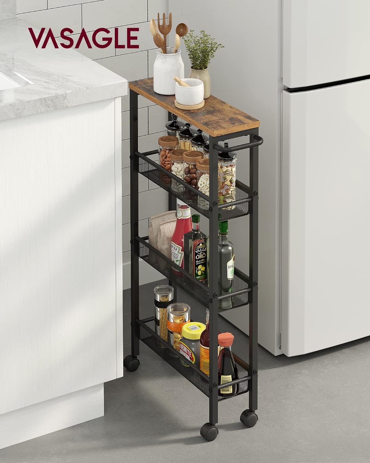 VASAGLE Slim Rolling Cart, 4-Tier Narrow Storage Cart with Handle, 5.1 Inches Deep, Metal Frame, for Kitchen, Dining Room, Living Room, Home Office, Rustic Brown and Classic Black ULRC032B01V1