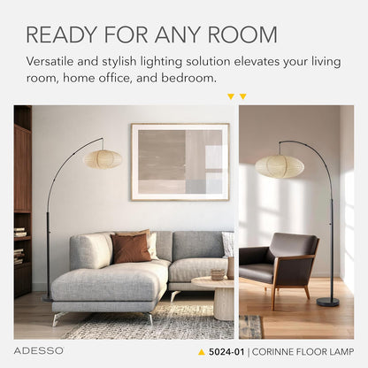 Adesso Arc Floor Lamp, 80” Tall Black Base, Oval Off-White Paper Shade – Convenient Overhead Lighting for Living Room, Nursery, Bedroom or Office