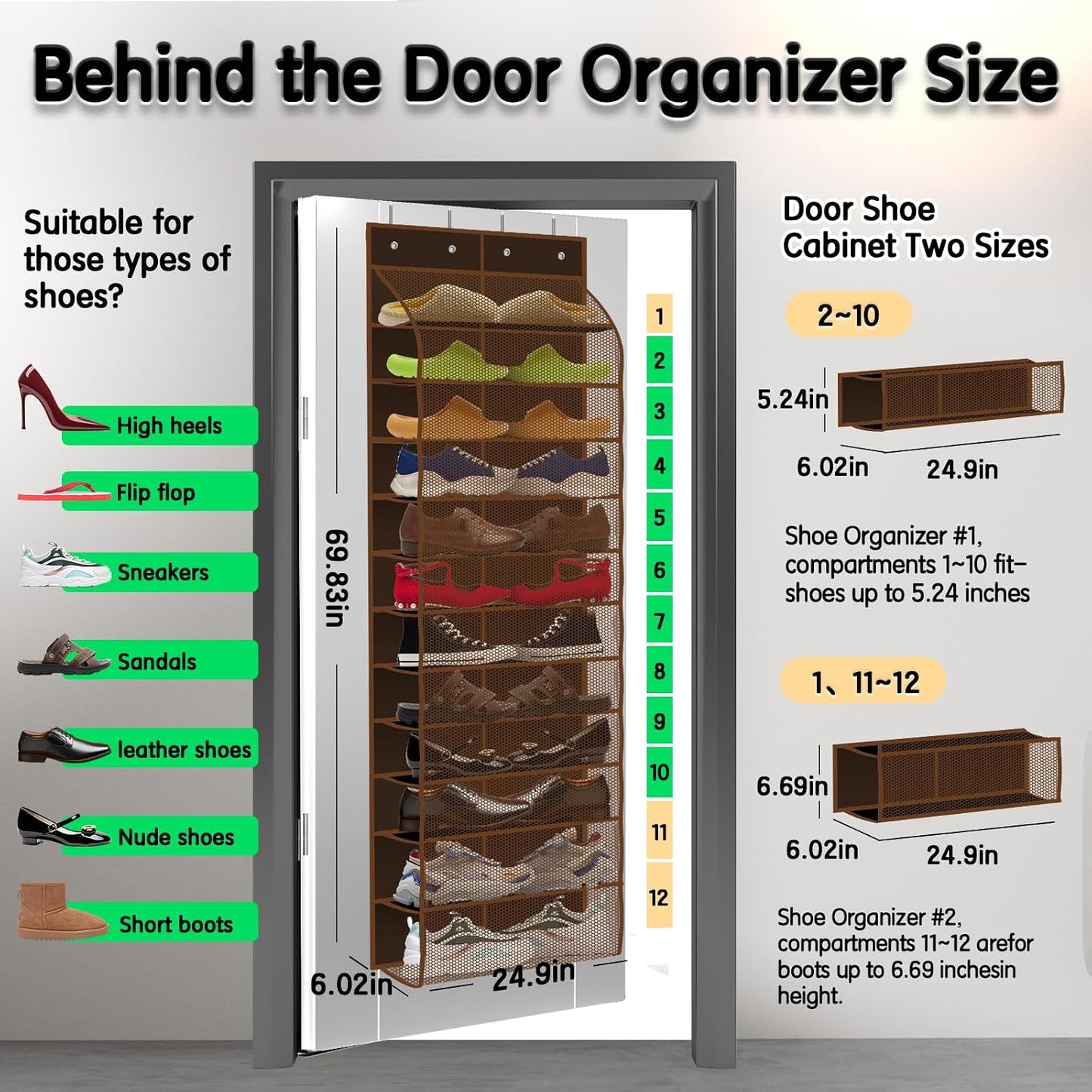 Kotkn Over The Door Shoe Organizer with 12 Large Breathable Pockets - Durable Hanging Storage for the Entire Family's Shoes (White)