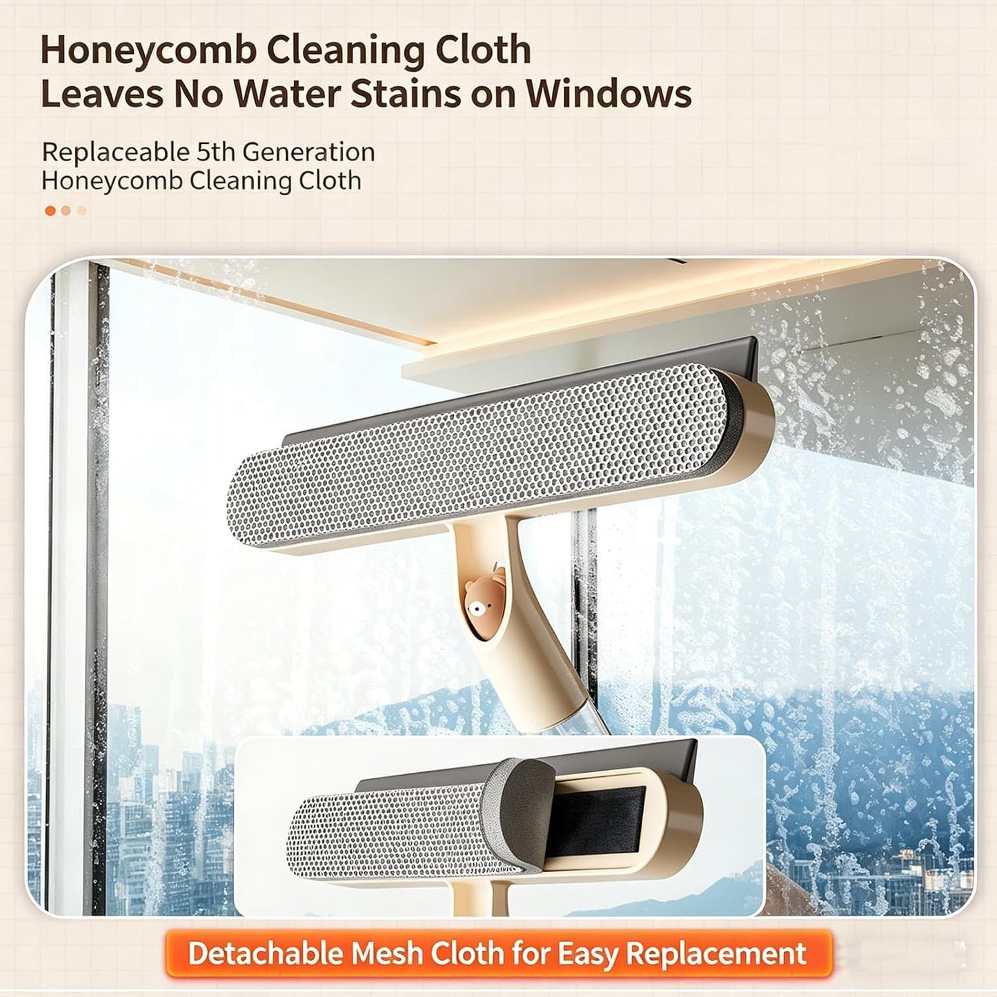 5-in-1 Double-Sided Window Screen Cleaning Brush， Multi-Purpose Cleaning Brush，with Retractable Handle and Built-in Crevice Brush, Dry and Wet Use， for Home, Office & Porch Screens (Khaki)
