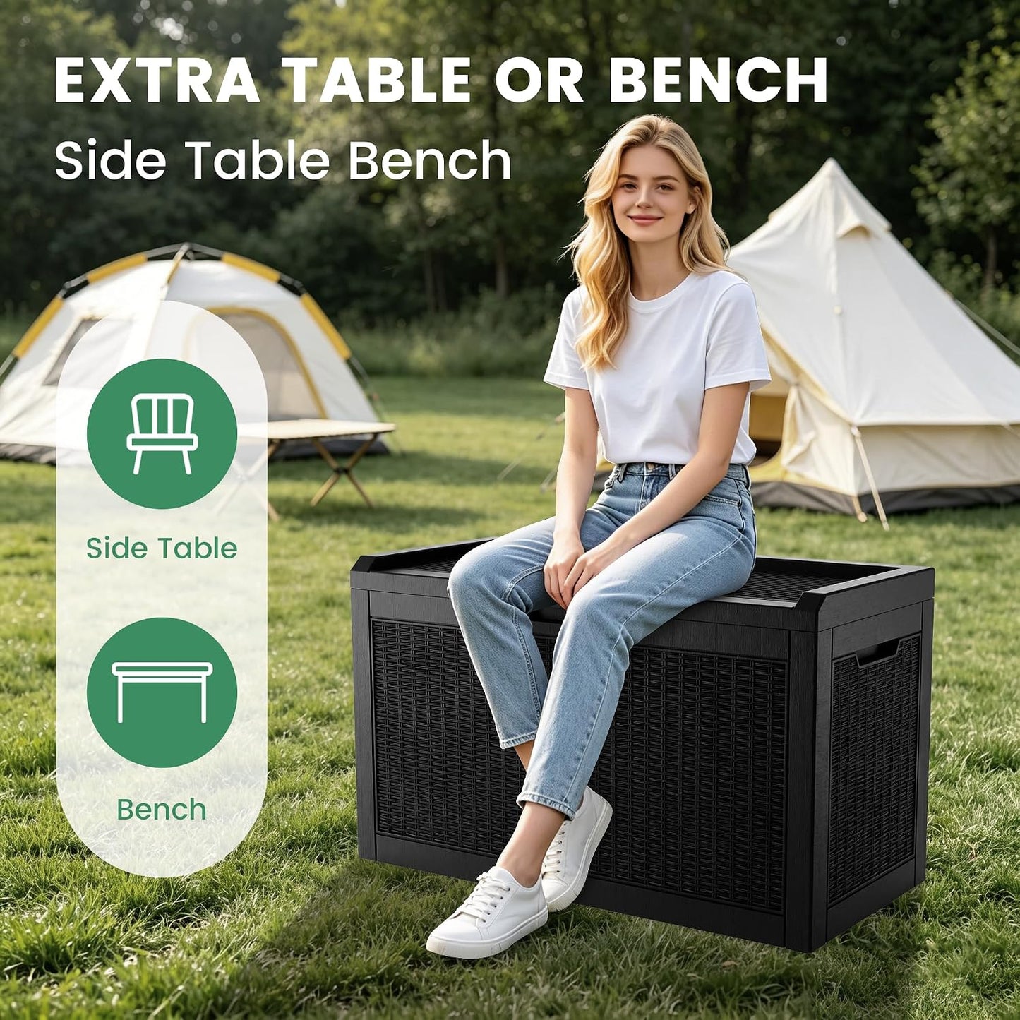 100 Gallon Storage Box, Waterproof Resin Deck Box with Hydraulic Piston Design, Lockable Storage Bench for Package Delivery, Storage Bin for Patio Cushions, Garden Tools, Black