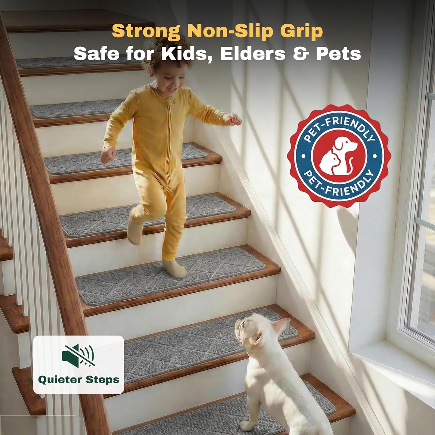 MBIGM 8" X 30" (15 in Pack) Non-Slip Carpet Stair Treads Non-Skid Safety Rug Slip Resistant Indoor Runner for Kids Elders & Pets with Reusable Adhesive - Dark Gray Diamond Weave