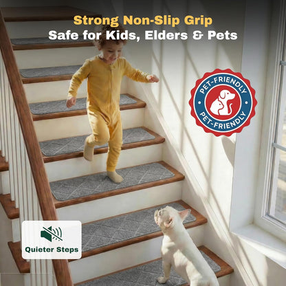 MBIGM 8" X 30" (15 in Pack) Non-Slip Carpet Stair Treads Non-Skid Safety Rug Slip Resistant Indoor Runner for Kids Elders & Pets with Reusable Adhesive - Dark Gray Diamond Weave