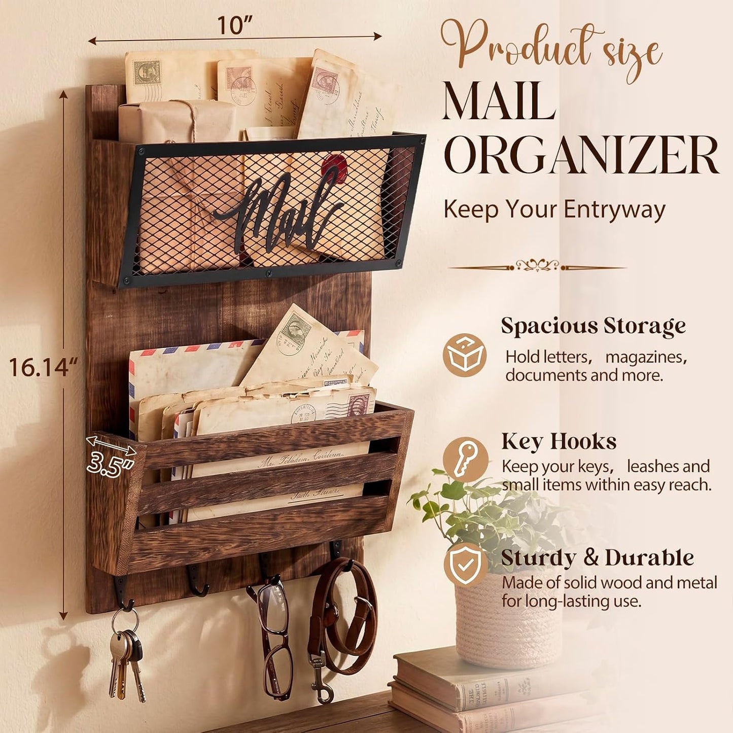 Yalikop Farmhouse Mail Organizer Wall Mounted Rustic Mail Holder Hanging Key Sorter with 3 Hooks Indoor Wooden Wall Mounted, Letter, Magazines, Newspapers, Keys(Classics,Brown)