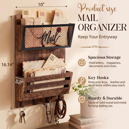 Yalikop Farmhouse Mail Organizer Wall Mounted Rustic Mail Holder Hanging Key Sorter with 3 Hooks Indoor Wooden Wall Mounted, Letter, Magazines, Newspapers, Keys(Classics,Brown)
