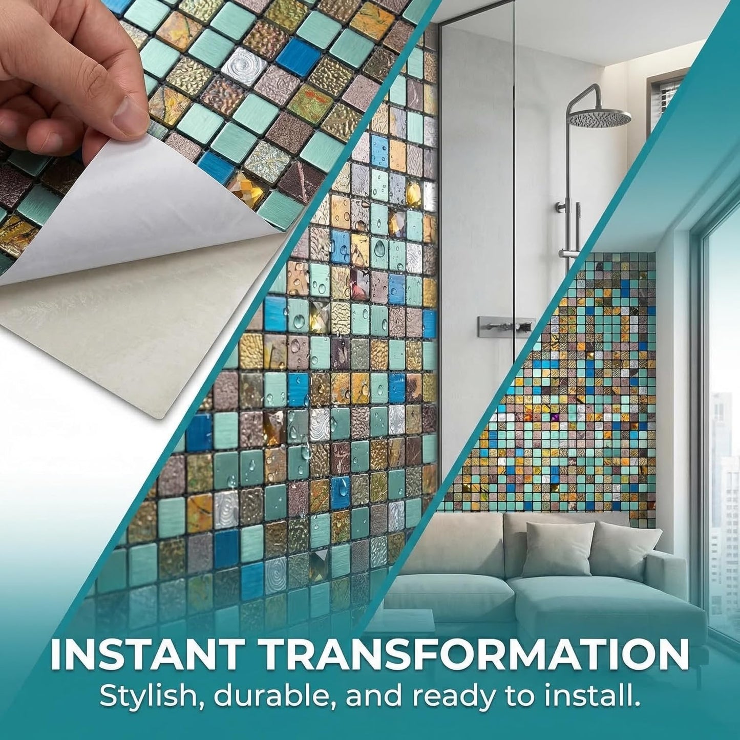 10 Sheets Peel and Stick Backsplash, Waterproof Mosaic Tile Self-Adhesive - Easy Cut to Size for Kitchen, Bathroom, Fireplace DIY Installation (10, Green+Blue Brushed)