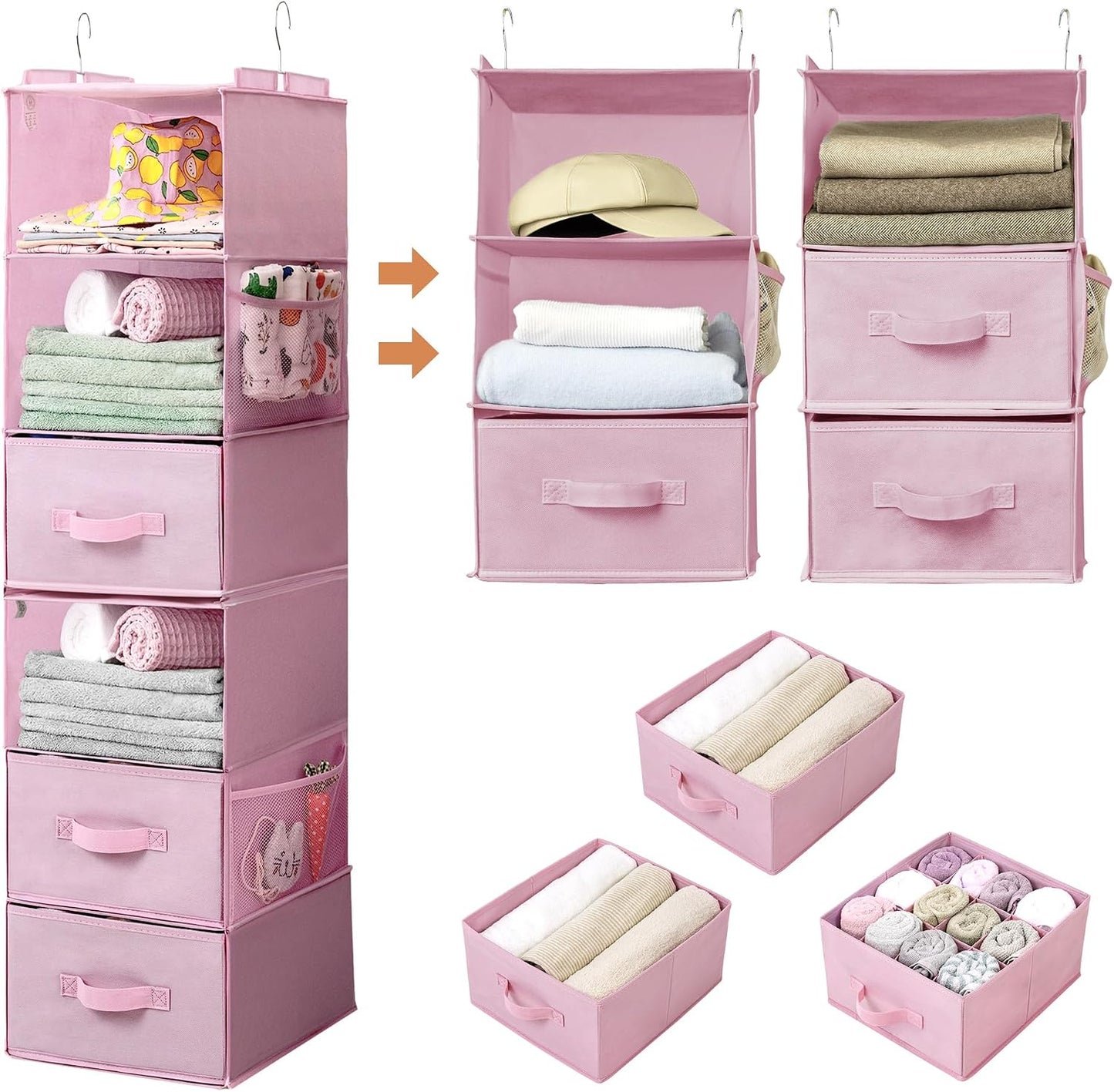 GRANNY SAYS Hanging Closet Organizer 6 Shelves, Closet Organizers and Storage with 5 Drawers, 6 Side Pockets Closet Hanging Organizer, Hanging Storage Organizer for Closet, Baby Clothes, Gray