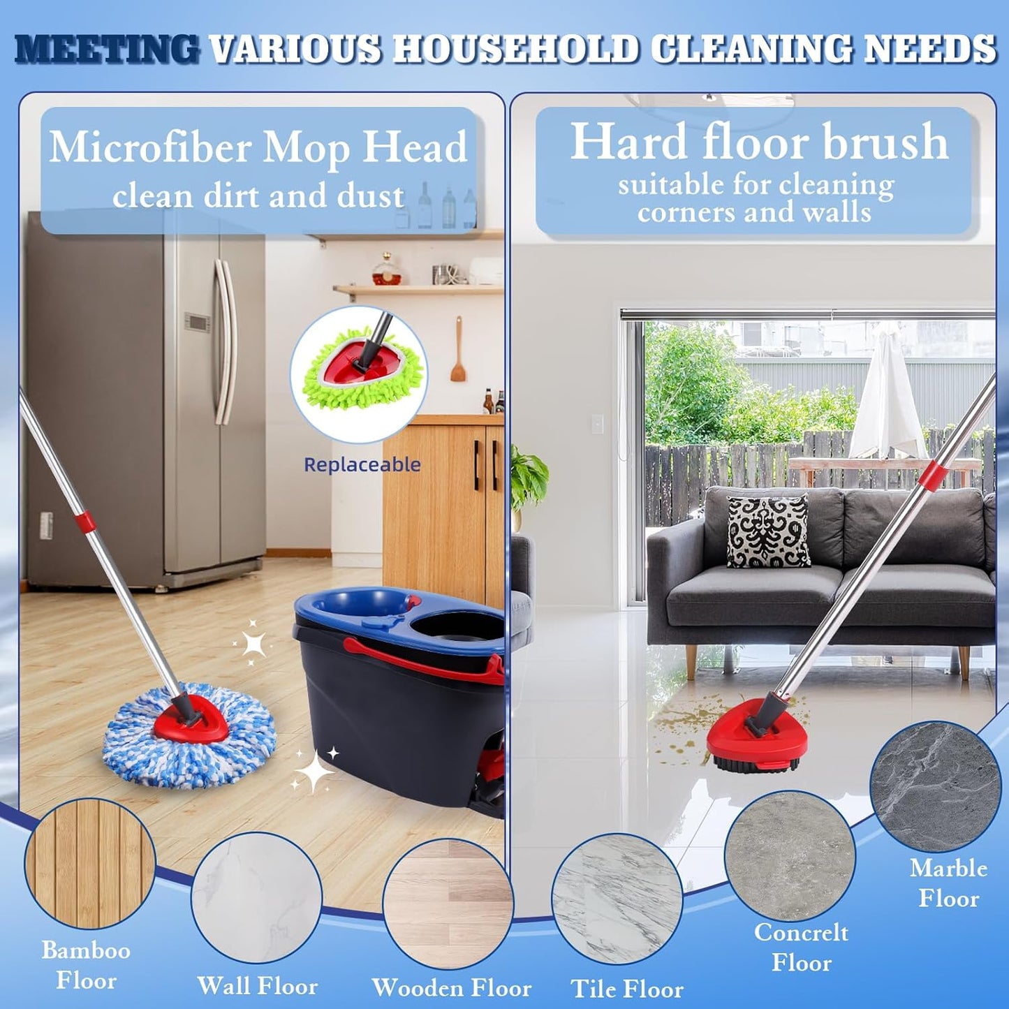 Spin Mop Head Refills Compatible with OCedar RinseClean 2-Tank System - 6-in-1 Kit Includes 4 Microfiber Replacement Heads, 1 Mop Base & 1 Scrub Brush - Machine Washable Floor Cleaning Set