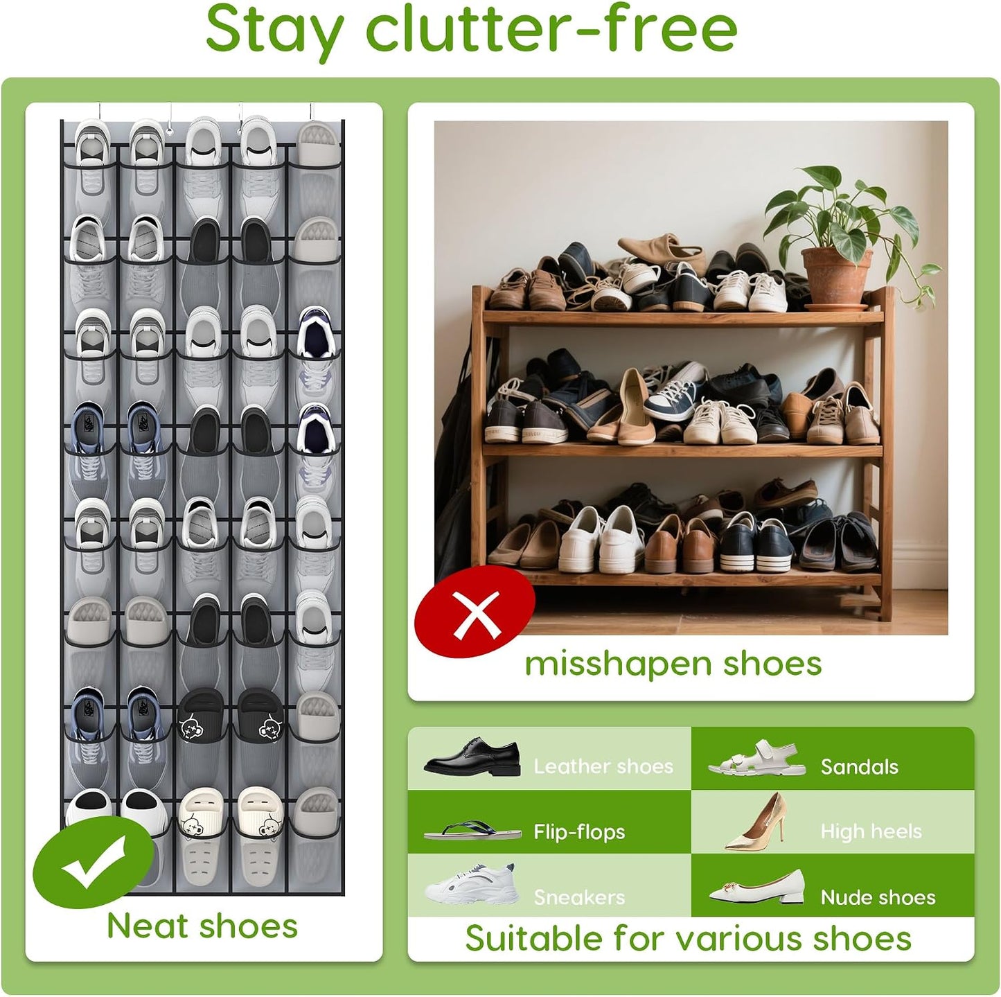 Over the Door Shoe Organizer with 40 Large Breathable Mesh Pockets, Space Saving Shoe Holder, Hanging Shoe Rack for Entryway Bedroom Closet Storage (White, 40 Pockets)