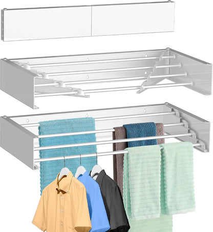 FOCHIER F Laundry Drying Rack Wall Mounted Clothes Drying Rack Collapsible with 5 Aluminum Rods and Drilling Template Long Screwdriver Bit 60 lbs Capacity (White, 31.5")