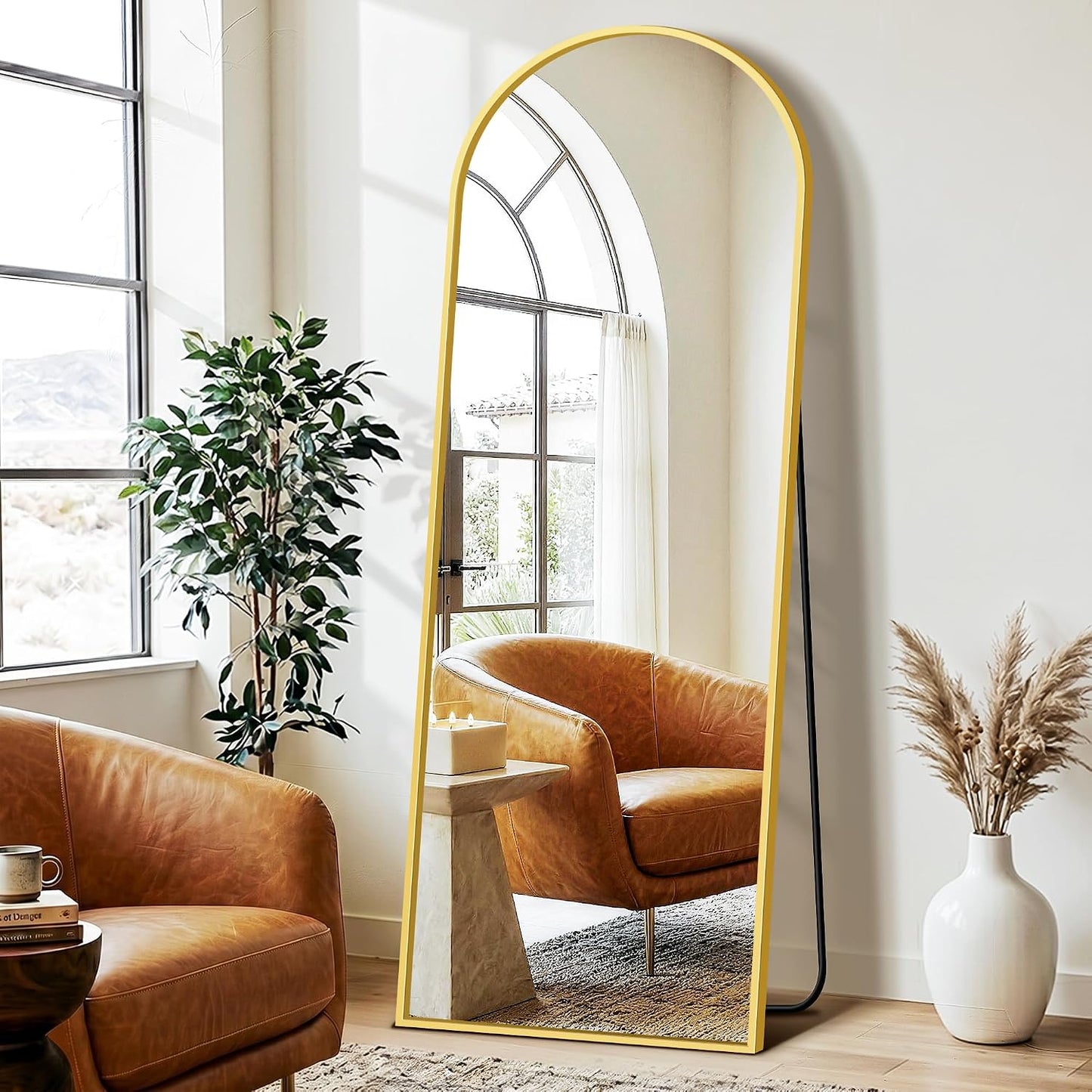 FICTOR Arched Full Length Mirror 15" x 56", Full Body Floor Mirror with Adjustable Stand, Free Standing Mirror with Aluminum Frame for Bedroom, Living Room, Cloakroom, Gold