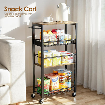 Slim Storage Rolling Cart, 4 Tier Narrow Cart with Wheels, Metal Kitchen Rolling Cart for Small Spaces, Slide Out Storage Shelves for Kitchen, Laundry Room, Bathroom, Living Room, 7.1in(W)