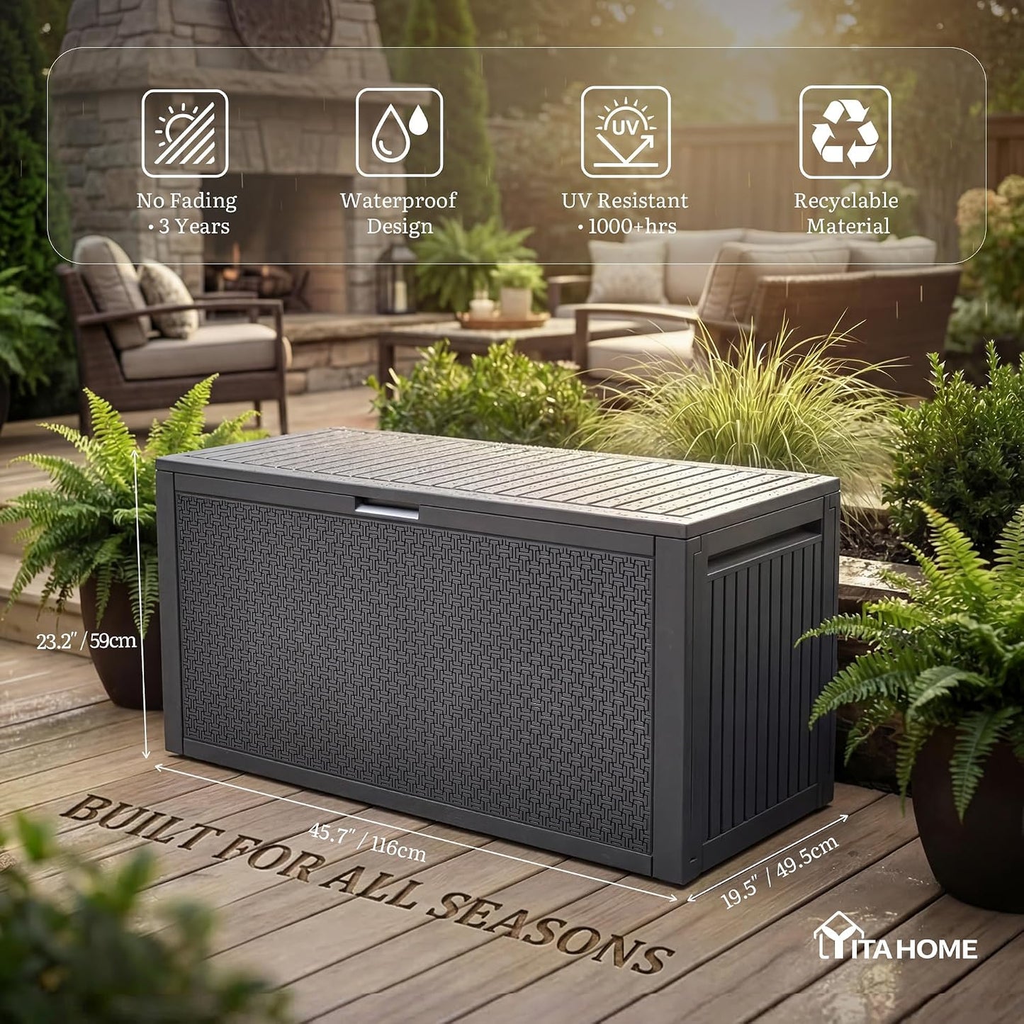 YITAHOME 95 Gallon Outdoor Storage Deck Box | Waterproof Resin Deck Box w/Handles, Lockable Outdside Deck Box for Patio Furniture, Garden Tools, Lockable & UV