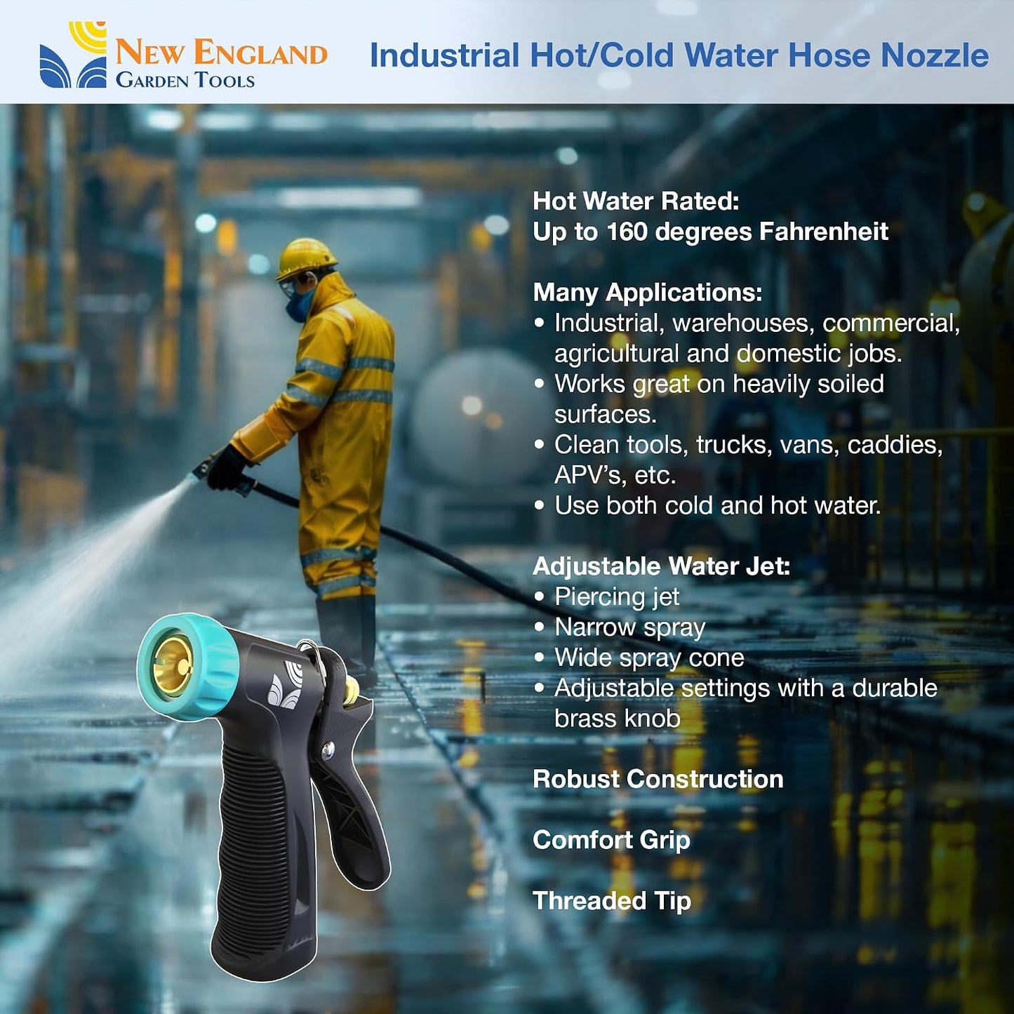 Industrial Hot/Cold Water Jet Hose Nozzle 500012 with Threaded Tip, Rear Trigger and Comfort Grip by New England Garden Tools for Cleaning Kitchens & Work Sites, Watering Plants & Yards, Washing Cars