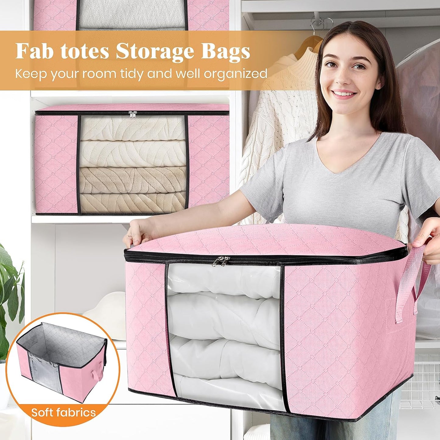 Fab totes 6 Pack Storage Bags for Clothes and Blanket, Foldable Closet Organizers and Storage with Zippers, Clear Window and Handles, Fabric Storage Bins for Sweater, Comforter, Bedding,Linen Sheets