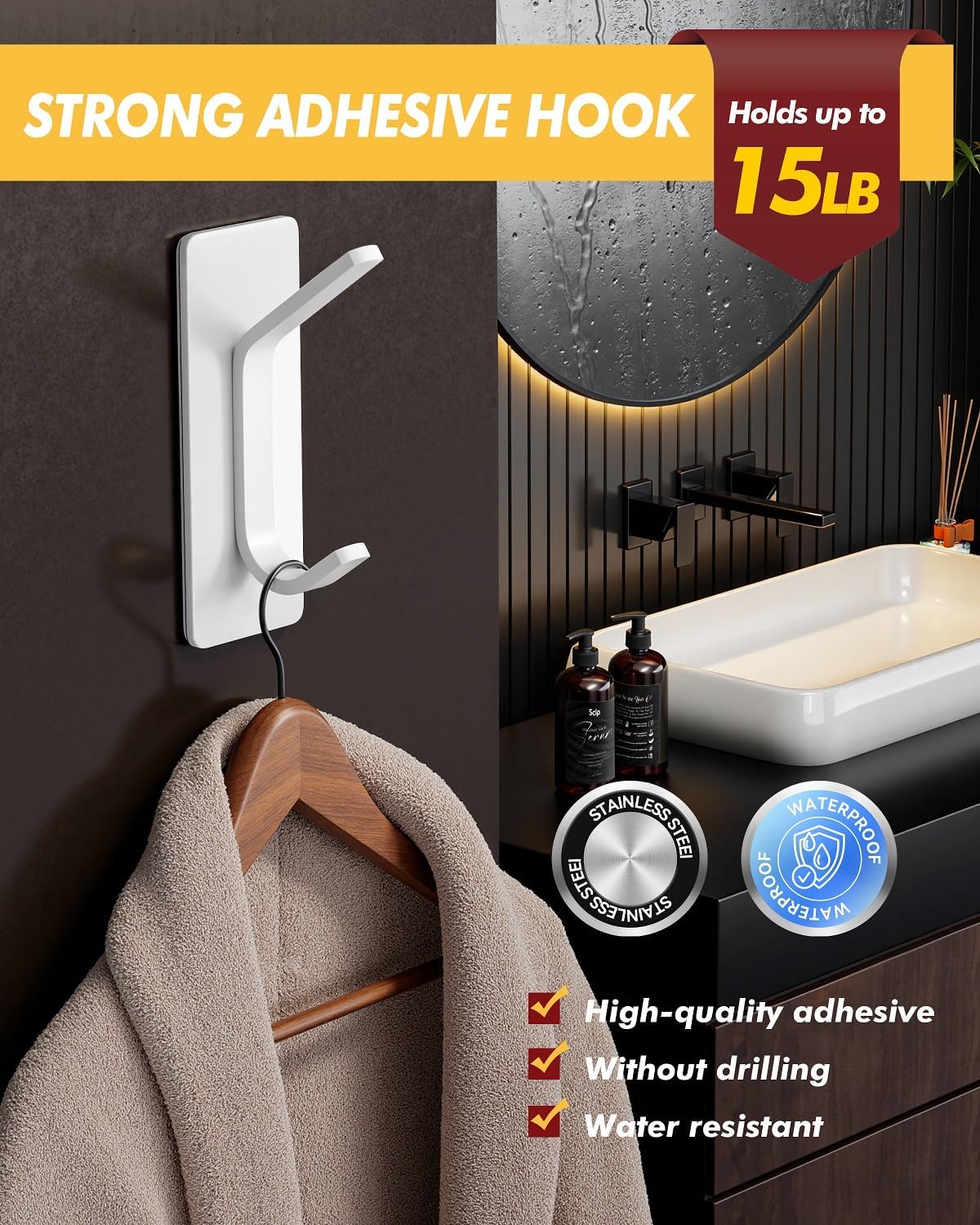 Auxmir Self Adhesive Hooks 15lbs Heavy Duty, 5 Pack Stainless Steel Wall Hooks for Coat Towel Robe, Waterproof Rustproof Oilproof, No Drill Door Hanger for Bathroom Shower Kitchen Office RV, Silver
