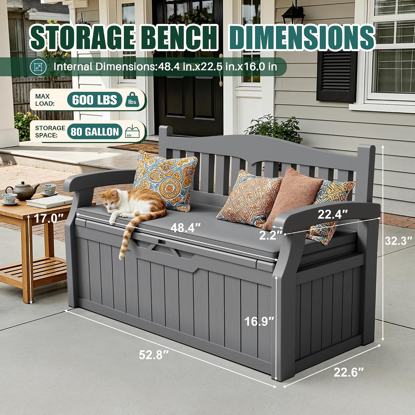 Devoko 80 Gallon Storage Bench Deck Box Lockable for Patio Furniture, Garden Decor and Outdoor Seating for Cushions, Garden Tools and Pool Supplies (Black)