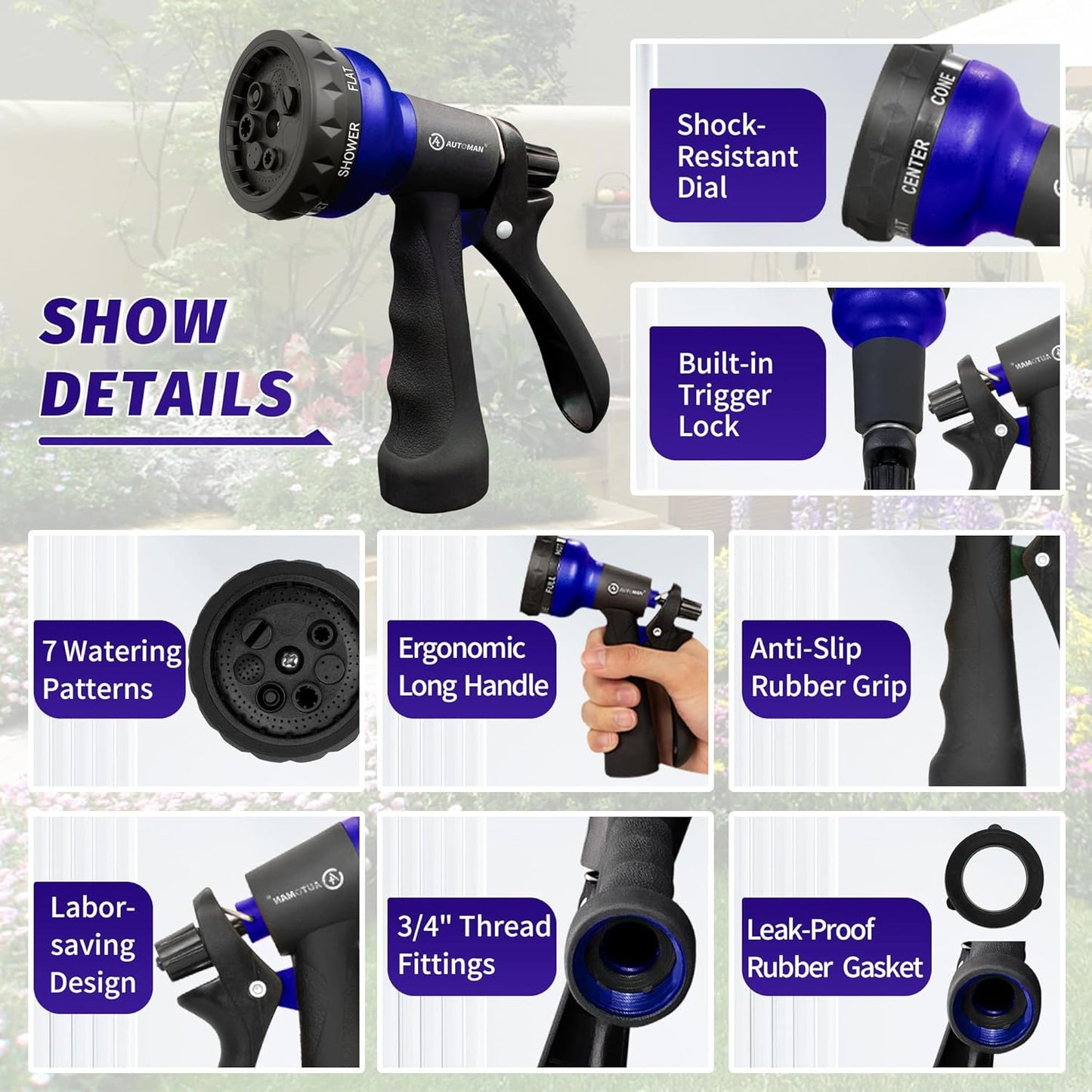 AUTOMAN Garden Hose Nozzle - 2 Pack, 100% Metal High Pressure Spray Nozzle, Labor-Saving Design, Heavy Duty for Garden Watering, Car Washing, Window Cleaning, Pets Bathing