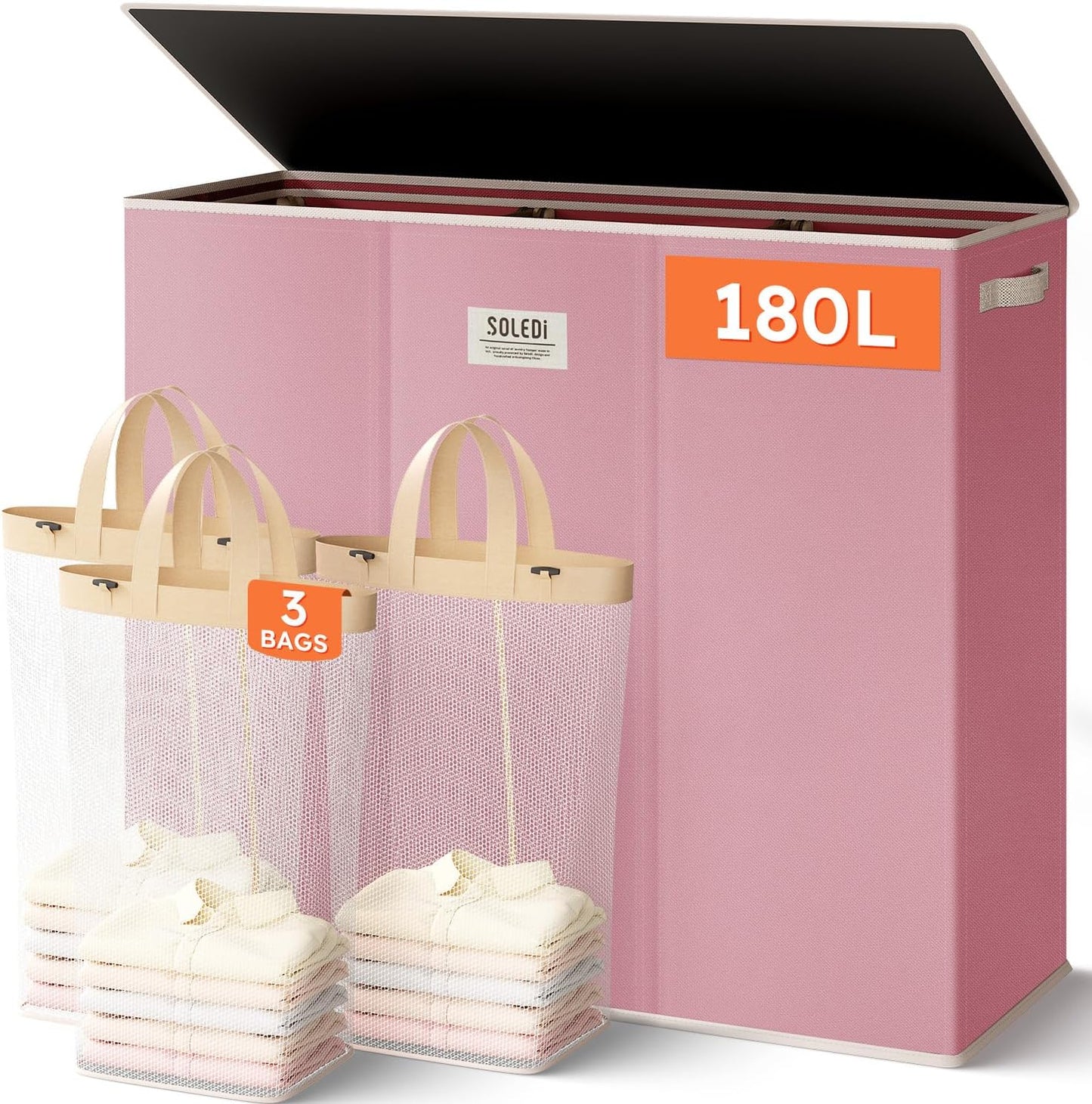 SOLEDI 180L Laundry Hamper 3 Section, Extra Large Laundry Hamper with Lid, Dirty Clothes Hamper with Sturdy Handle, Large Laundry Basket Organizer for Laundry Room, Bedroom, Hampers for Laundry