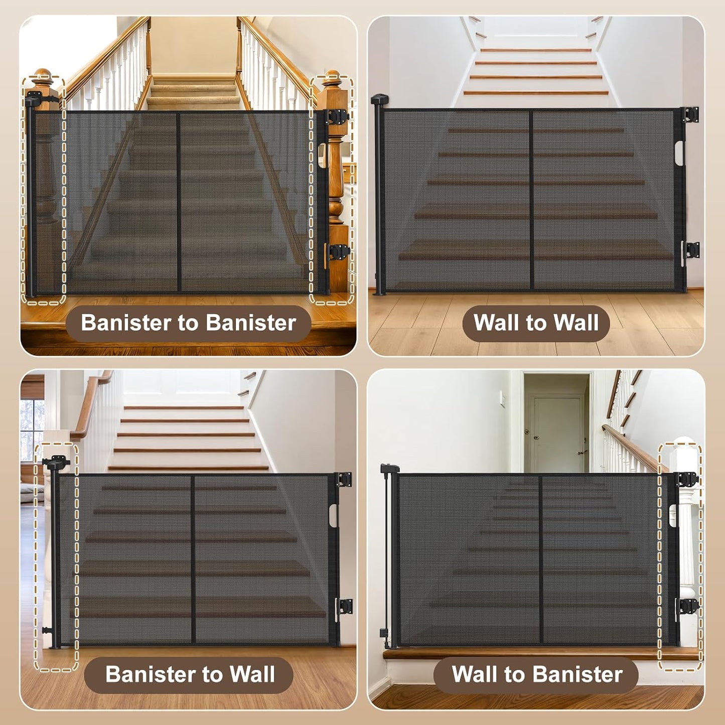 Upgraded Retractable Baby Gates for Stairs & Banister, Mesh Dog Gate Indoor, Extends to 55" Wide 33" Tall, Child Safety Gate for Stairway, Banister & Wall Mount (White)