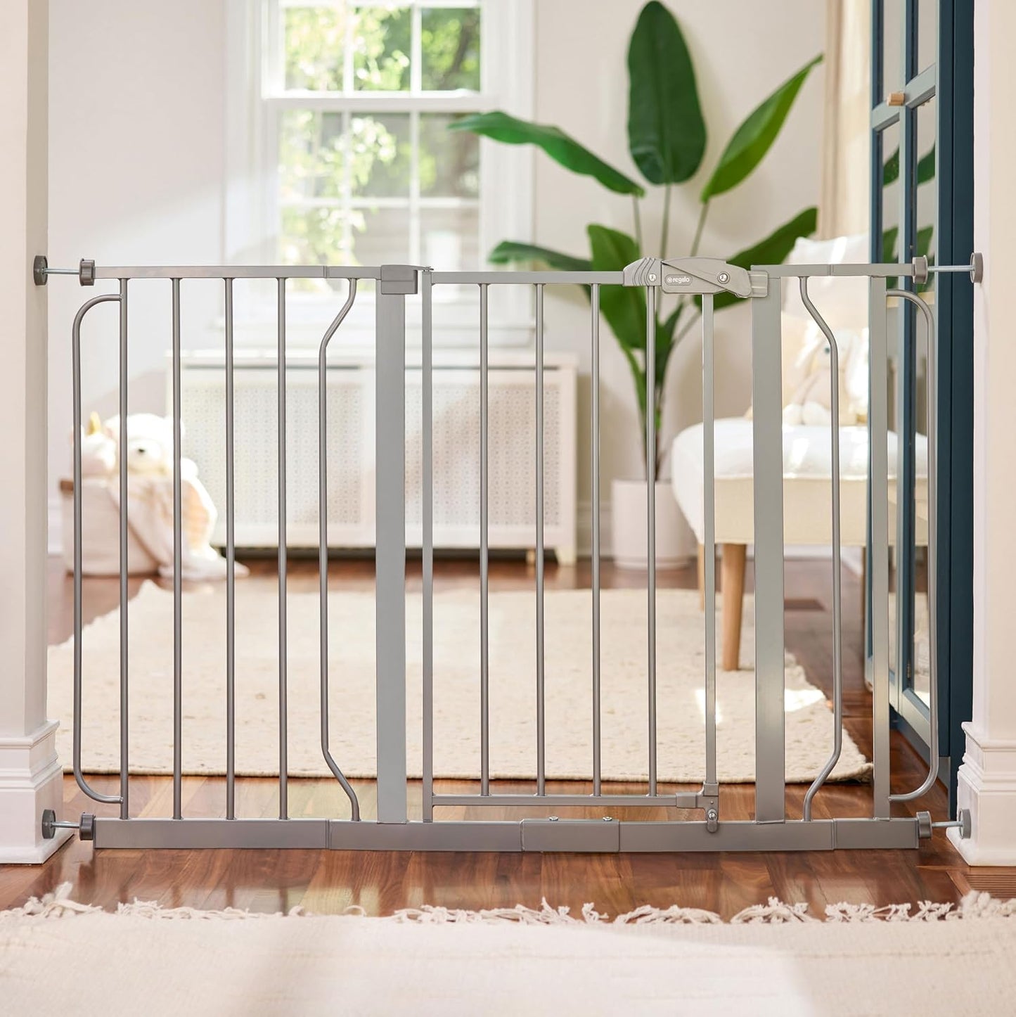 Regalo Safety 29-38.5" Baby Gate for Doorways & Bottom of Stairs, Pressure Mounted Baby Gate with Door for Babies, Toddlers & Pets, Tested & Safe for 30 Years, American Designed, American Owned, White