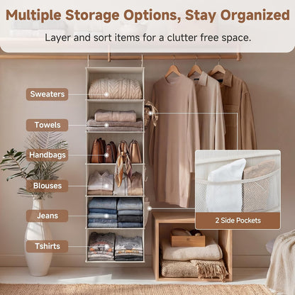 StorageWorks 6-Shelf Closet Organizers, Two 3-Shelf Separable Hanging Shelves for Closet, 12 1⁄2" D x 12 1⁄2" W x 47 ¼" H, Mixing of Beige, White & Ivory