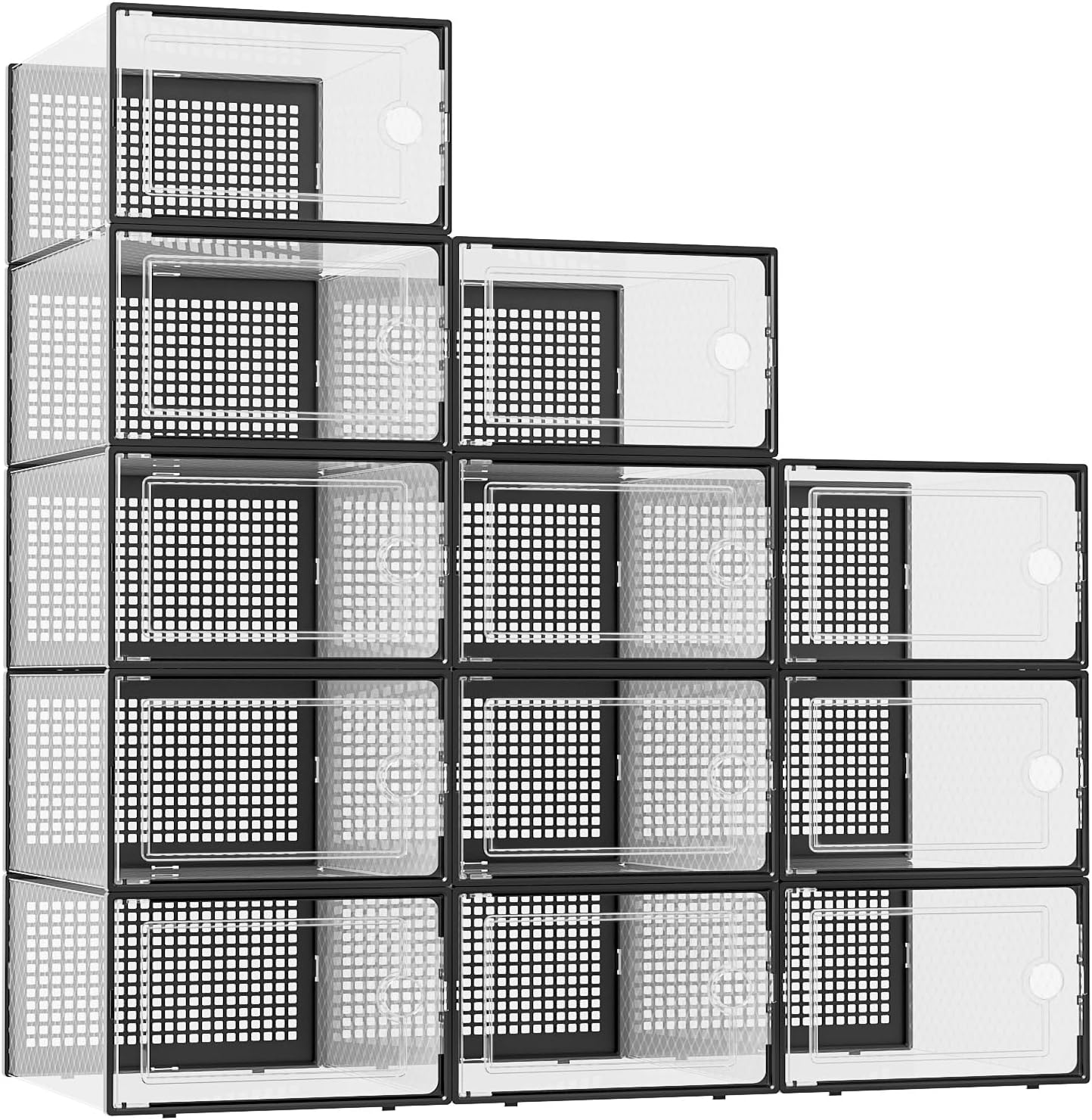Kuject X-Large Shoe Storage Boxes Organizers for Closet 12 Pack, Fit Size 11,Clear Plastic Stackable Sneaker Containers for Entryway, Space Saving Shoe Rack, Brown