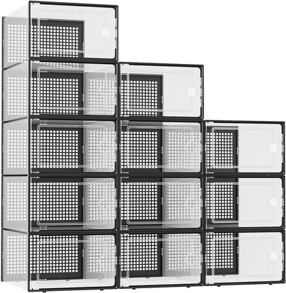 Kuject X-Large Shoe Storage Boxes Organizers for Closet 12 Pack, Fit Size 11,Clear Plastic Stackable Sneaker Containers for Entryway, Space Saving Shoe Rack, Brown