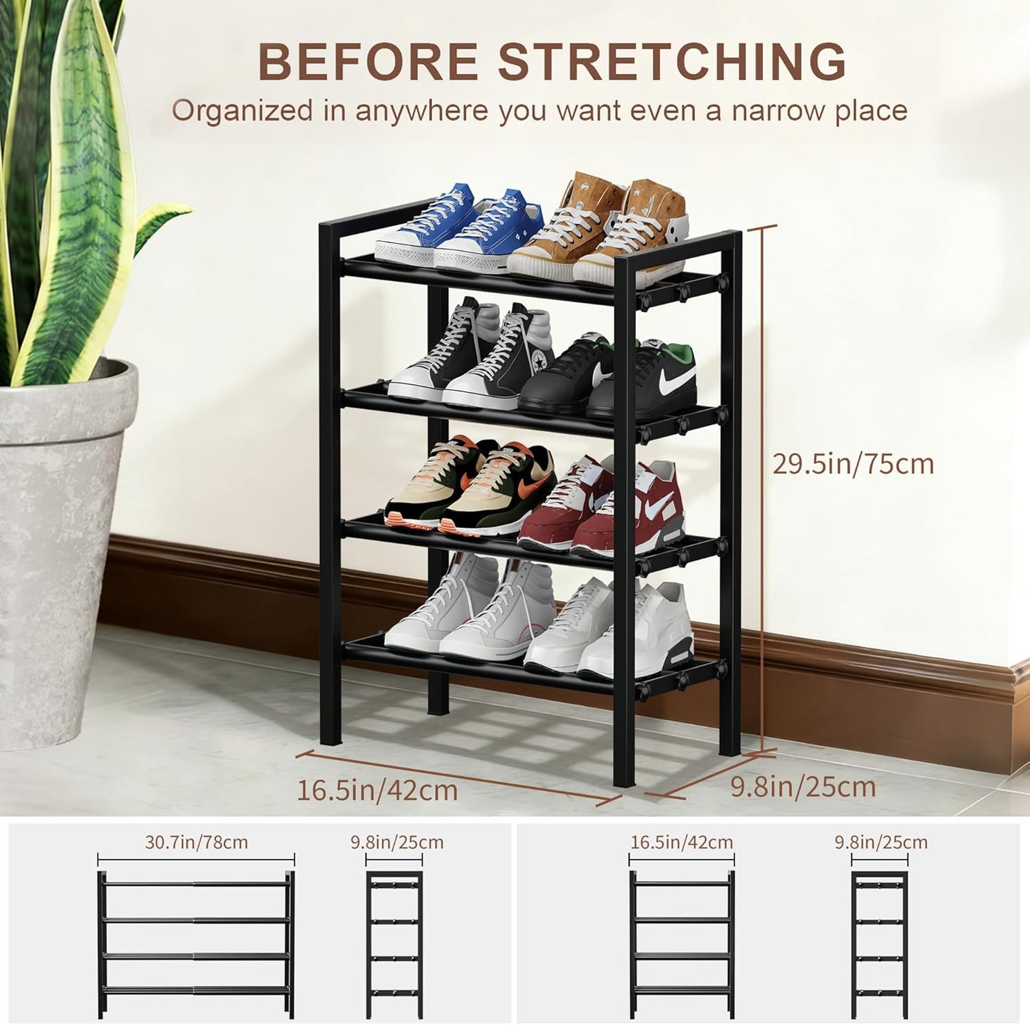 2 Tier Shoe Rack - Expandable Shoe Organizer for Closet, Adjustable Metal Shoe Shelf Storage, Stackable Long Shoe Stand Holder for Garage, Entryway, Door Entrance